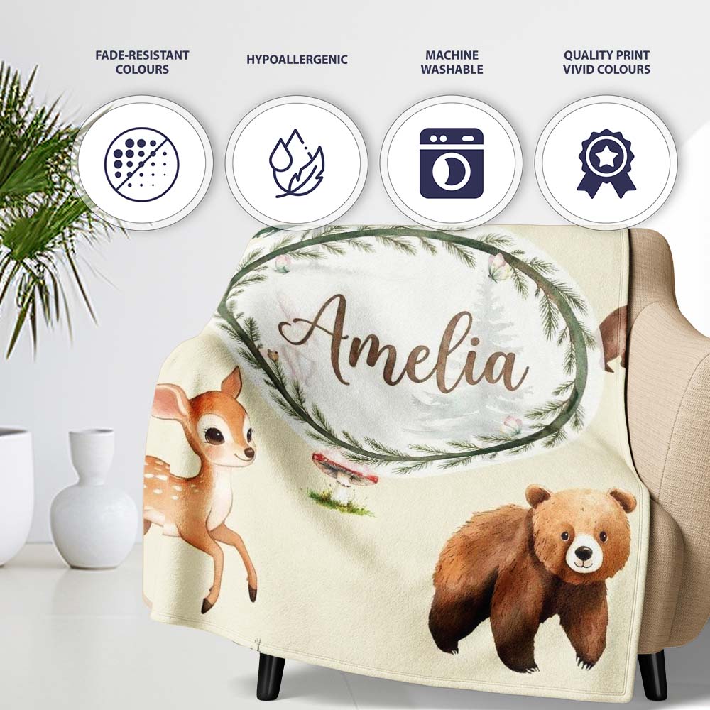 Bear Bunny Squirrel Trees Mushrooms Butterfly Soft Cream Seamless Personalised Custom Name Super Soft Fleece Blanket Bed Sofa Throw