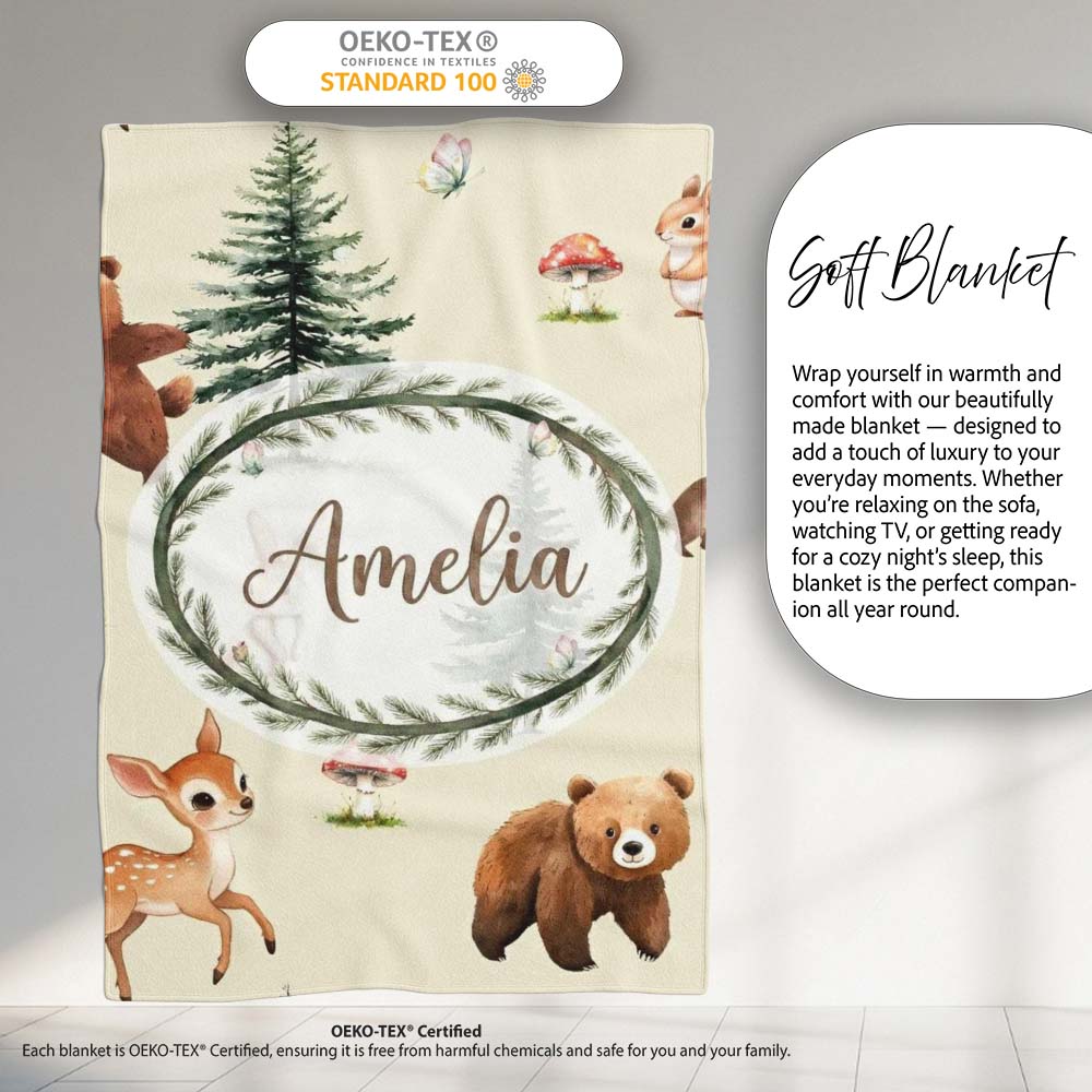 Bear Bunny Squirrel Trees Mushrooms Butterfly Soft Cream Seamless Personalised Custom Name Super Soft Fleece Blanket Bed Sofa Throw