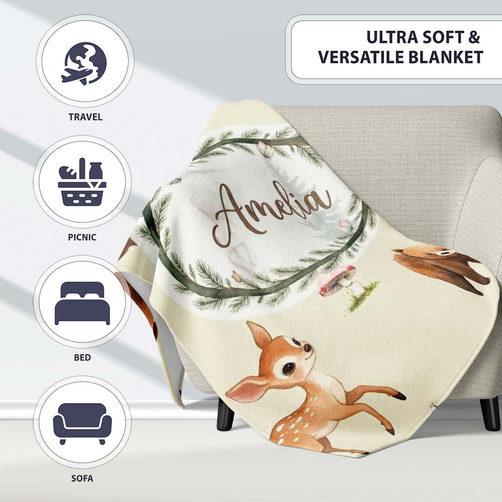 Bear Bunny Squirrel Trees Mushrooms Butterfly Soft Cream Seamless Personalised Custom Name Super Soft Fleece Blanket Bed Sofa Throw