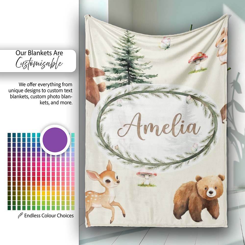 Bear Bunny Squirrel Trees Mushrooms Butterfly Soft Cream Seamless Personalised Custom Name Super Soft Fleece Blanket Bed Sofa Throw