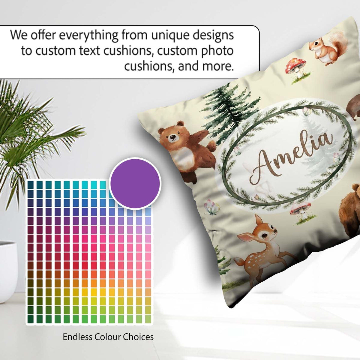 Custom Name Bear Bunny Squirrel Trees Mushrooms Butterfly Cream Square Filled Cushion Throw Pillow Sofa Bed Home Decor Zip Washable UK Made