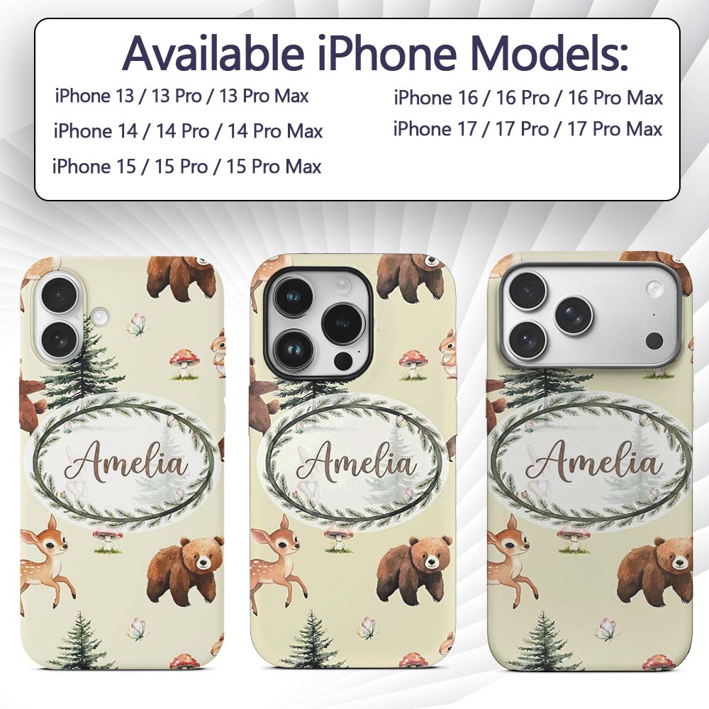 Bear Bunny Squirrel Trees Mushrooms Butterfly Custom Name Protective Phone Case Mobile Cover Durable Everyday Smartphone Shock Resistant