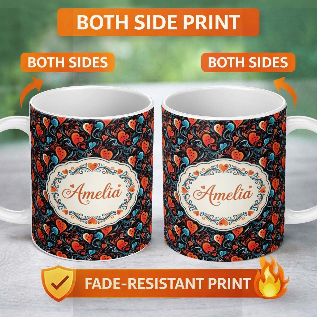 Personalized Custom Name Bold Abstract Orange and Blue Heart Swirl Seamless Pattern Lovely 11oz Ceramic Coffee Tea Mug White Large Handle