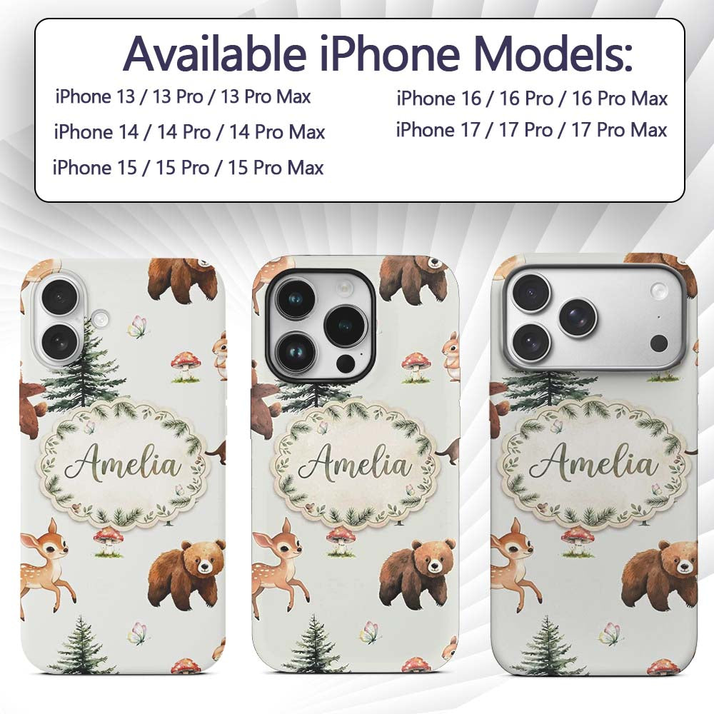 Bear Bunny Squirrel Trees Mushrooms Butterfly Custom Name Protective Phone Case Mobile Cover Durable Everyday Smartphone Shock Resistant