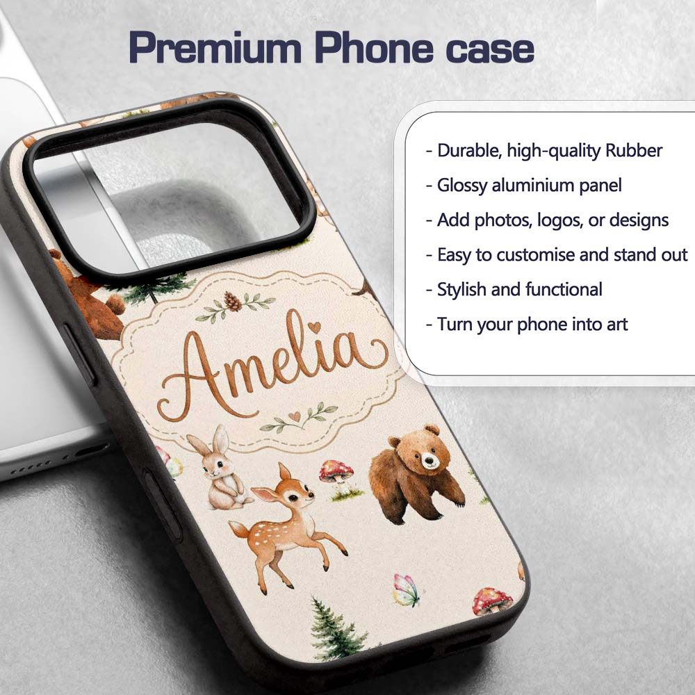 Bear Bunny Squirrel Trees Mushrooms Butterfly Custom Name Protective Phone Case Mobile Cover Durable Everyday Smartphone Shock Resistant