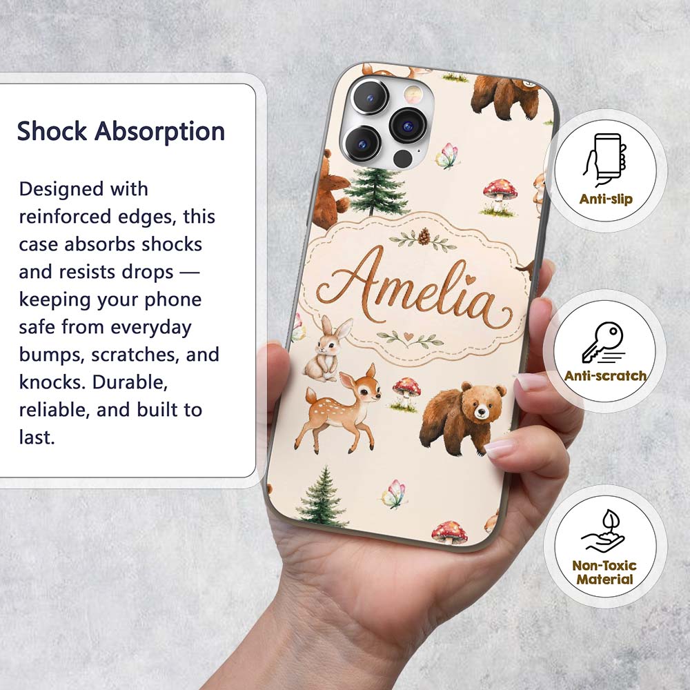 Bear Bunny Squirrel Trees Mushrooms Butterfly Custom Name Protective Phone Case Mobile Cover Durable Everyday Smartphone Shock Resistant