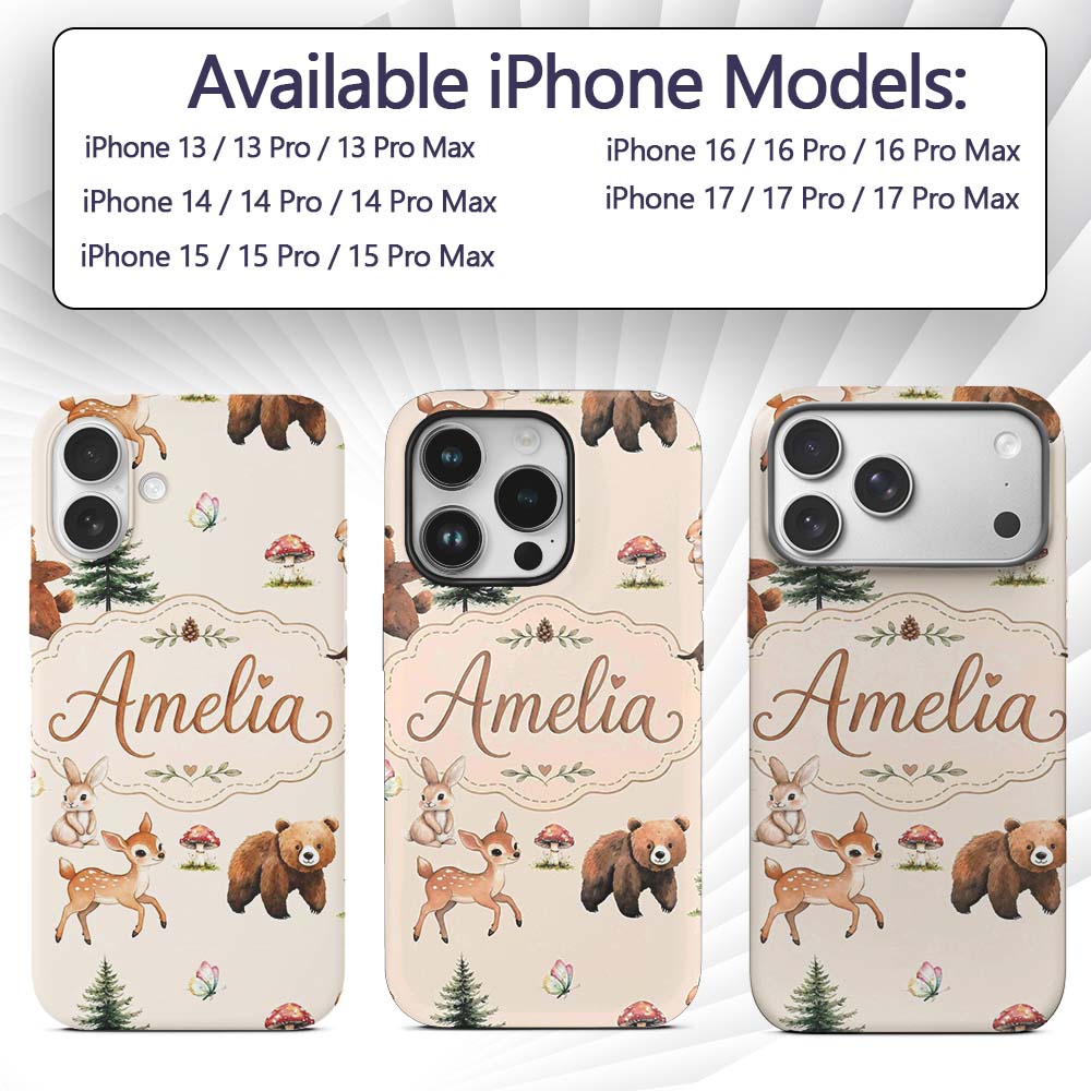 Bear Bunny Squirrel Trees Mushrooms Butterfly Custom Name Protective Phone Case Mobile Cover Durable Everyday Smartphone Shock Resistant