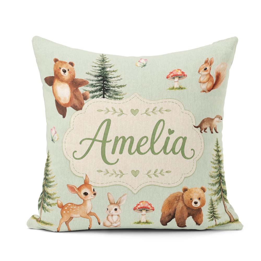 Custom Name Bear Squirrel Mushrooms Butterfly Soft Sage Seamless Square Filled Cushion Throw Pillow Sofa Bed Home Decor Zip Washable UK Made