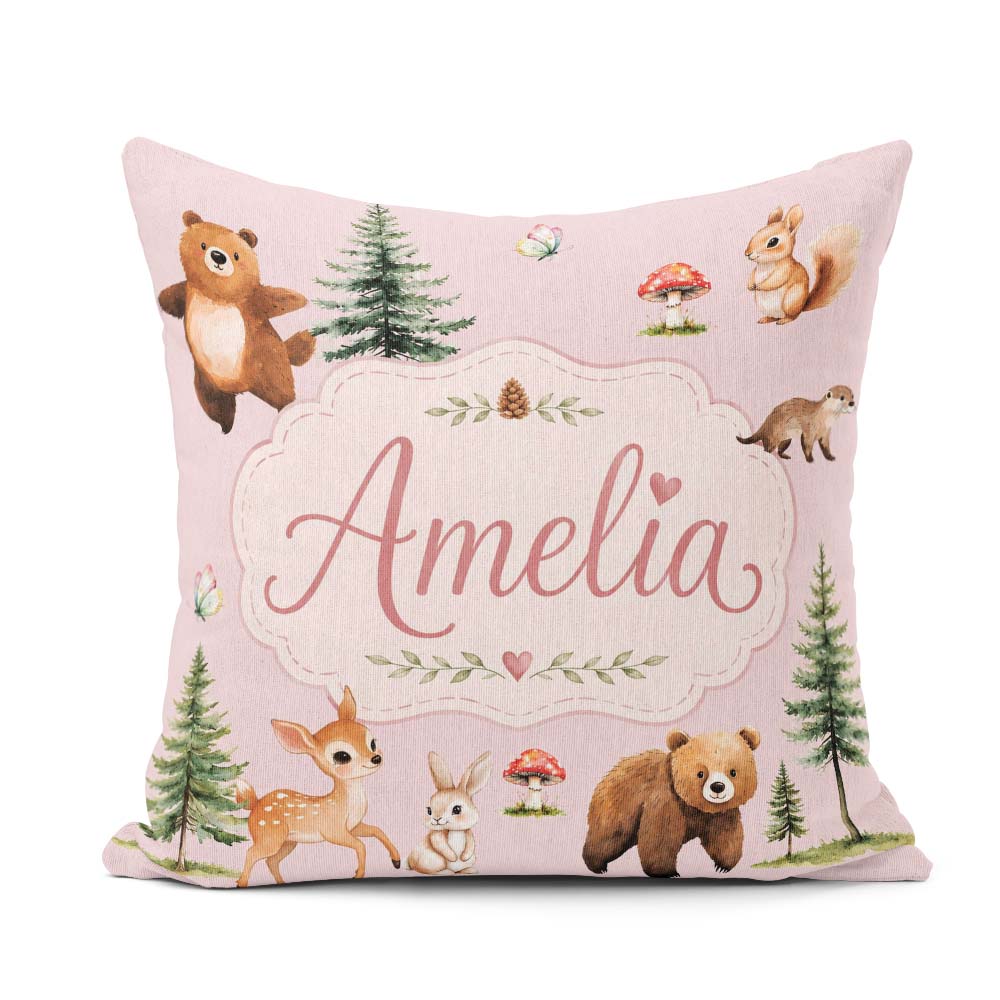 Custom Name Bear Bunny Deer Trees Mushrooms Butterfly Soft Pink Square Filled Cushion Throw Pillow Sofa Bed Home Decor Zip Washable UK Made