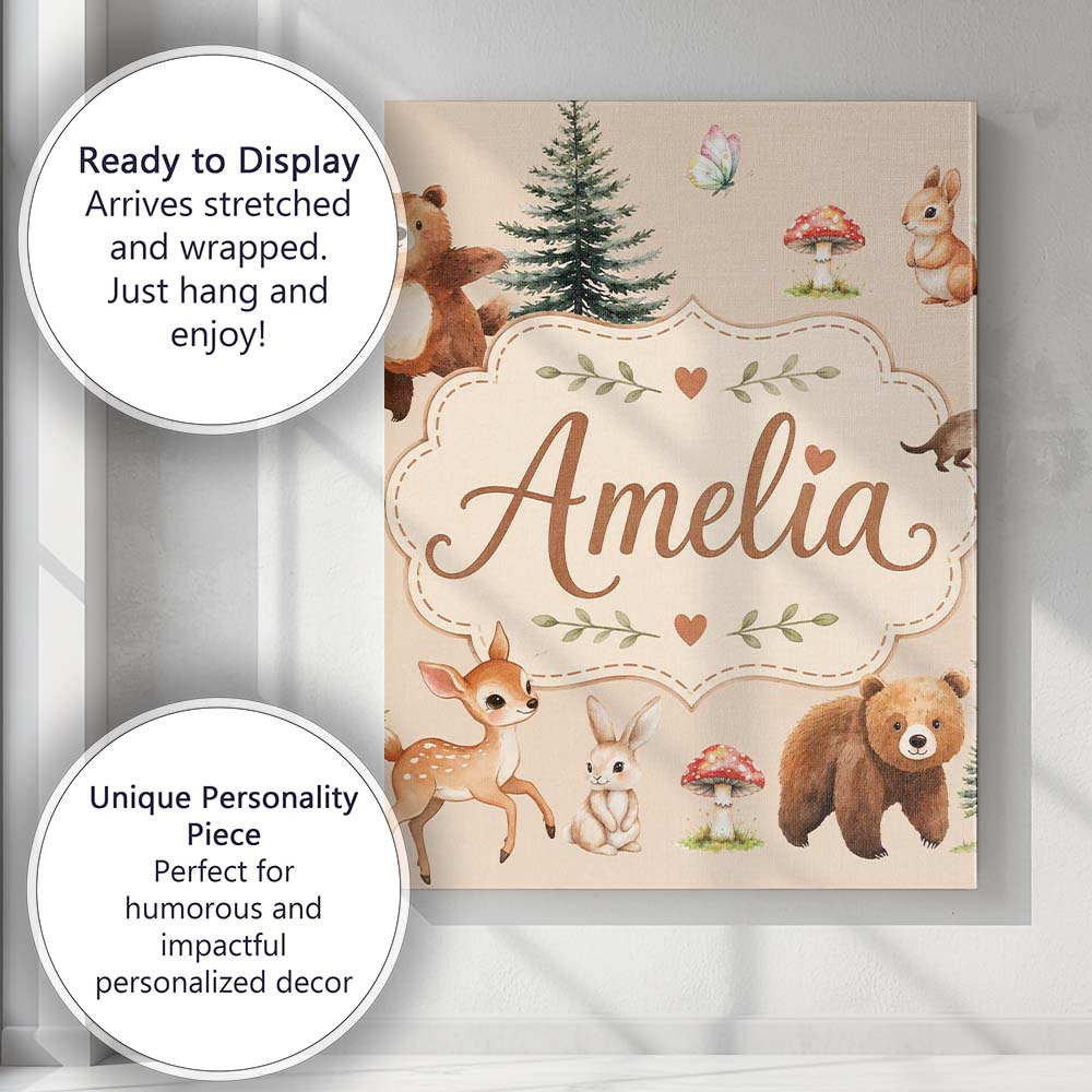 Personalised Name Bear Bunny Deer Squirrel Custom Unique Gift Idea Elegant Feature Canvas Wall Art Print Decor Picture Ready to Hang