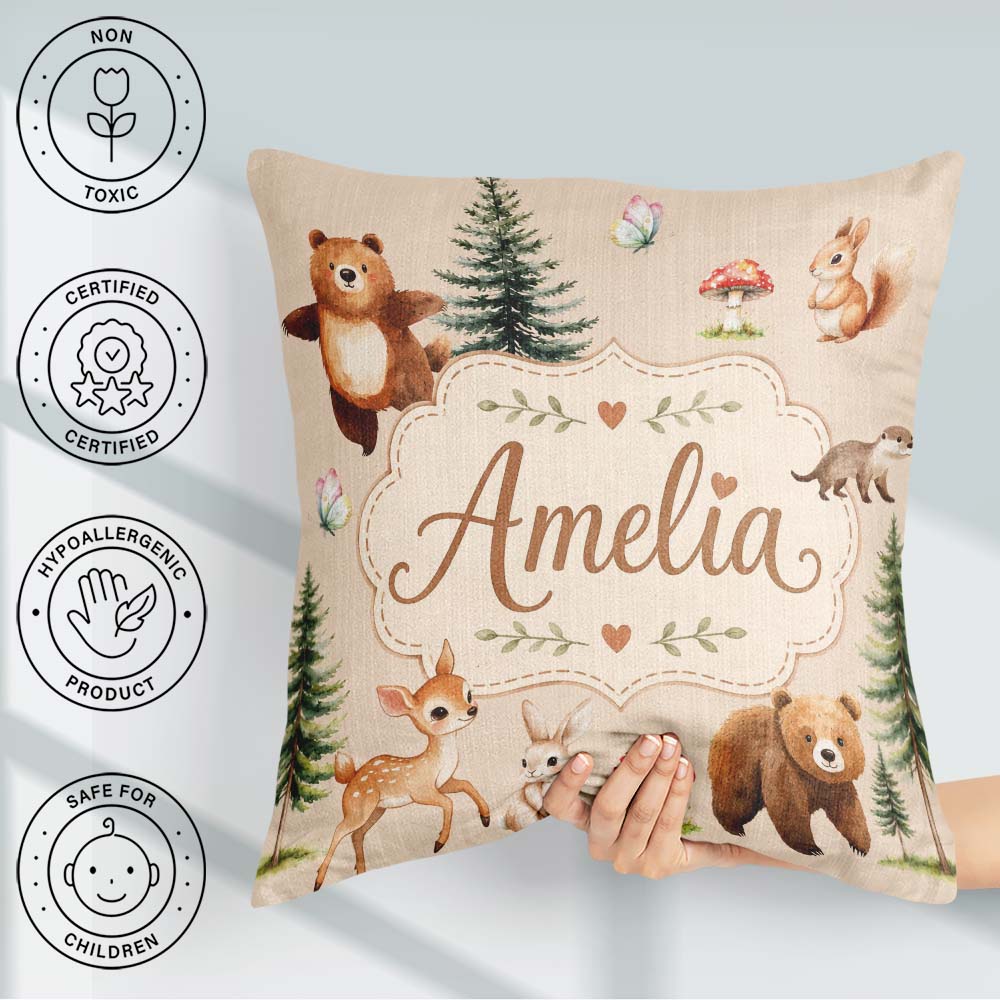 Custom Name Bear Bunny Deer Trees Mushrooms Butterfly Soft Beige Square Filled Cushion Throw Pillow Sofa Bed Home Decor Zip Washable UK Made