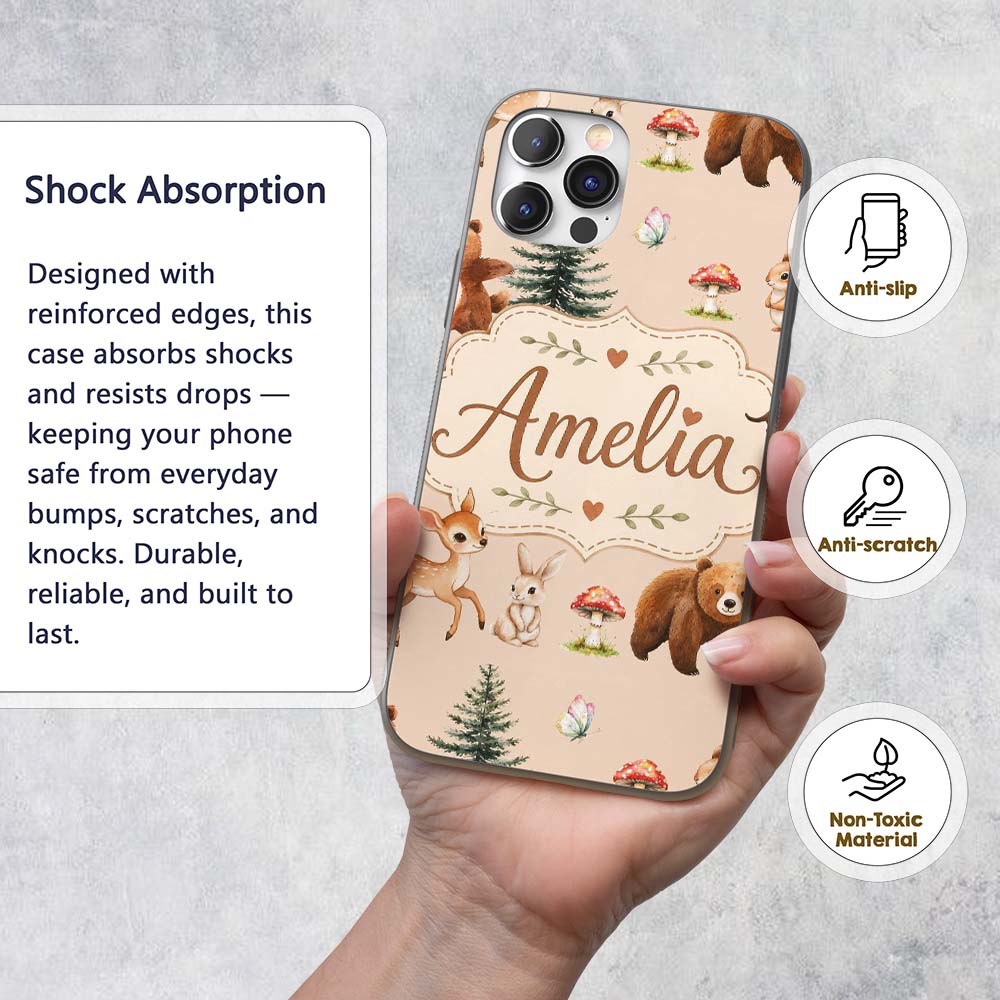Bear Bunny Deer Squirrel Trees Printed Design Custom Name Protective Phone Case Mobile Cover Durable Everyday Smartphone Shock Resistant