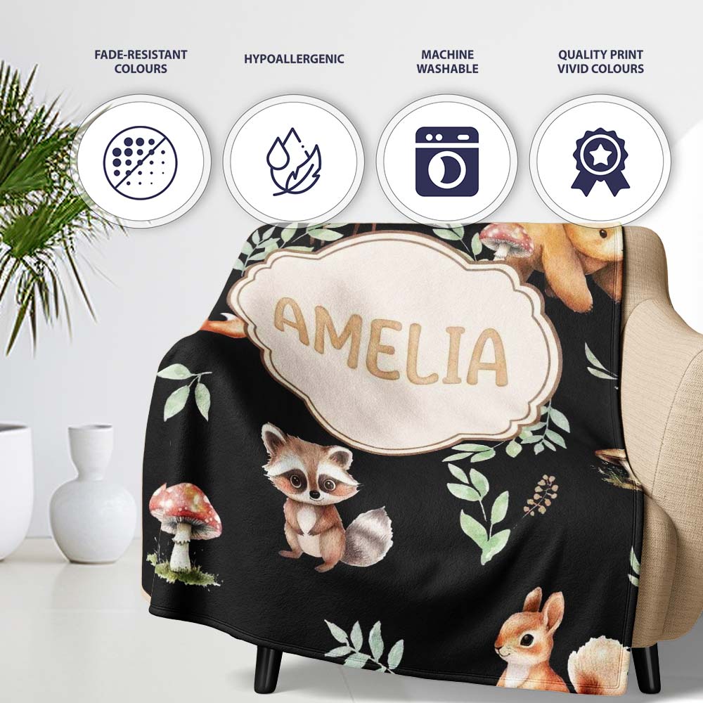 Woodland Deer Bear Fox Owl Raccoon Leaves Mushrooms Black Seamless Personalised Custom Name Super Soft Fleece Blanket Bed Sofa Throw