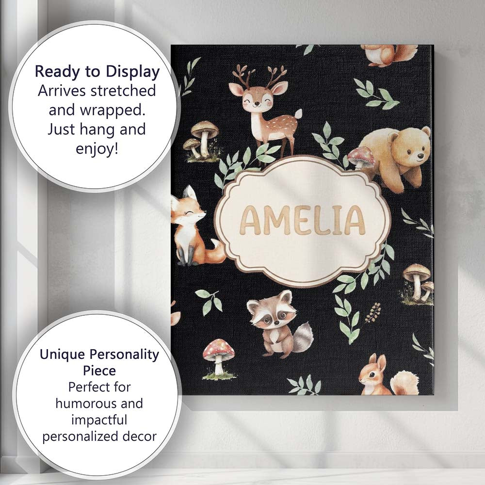 Personalised Name Woodland Deer Bear Fox Custom Unique Gift Idea Elegant Feature Canvas Wall Art Print Decor Picture Ready to Hang