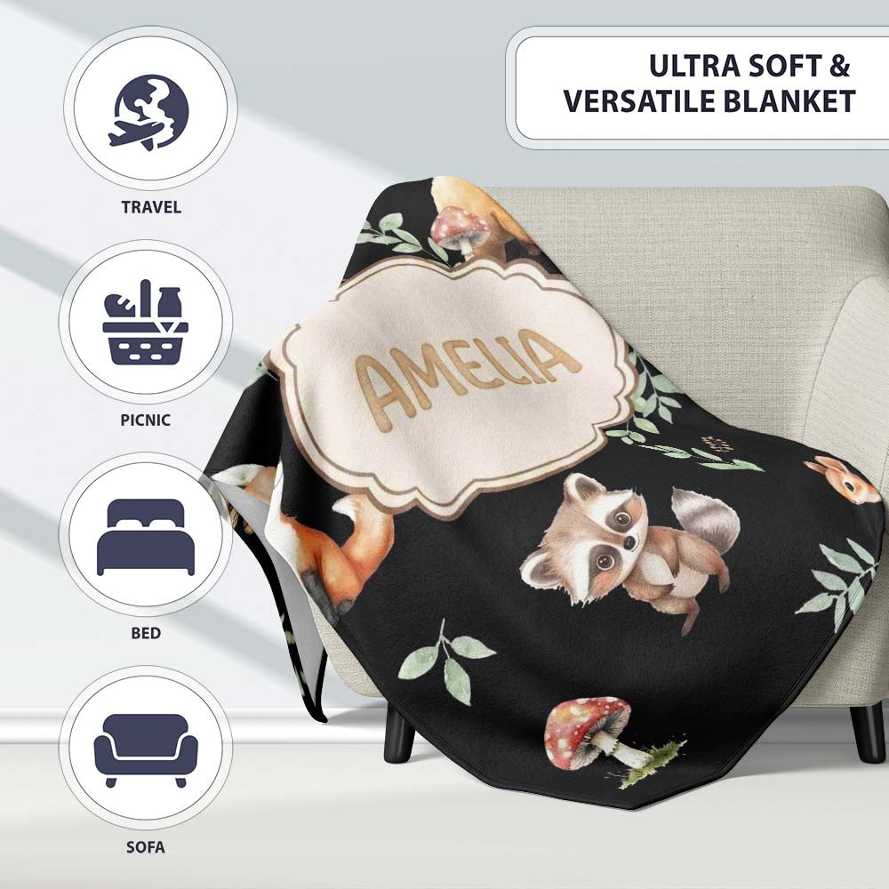 Woodland Deer Bear Fox Owl Raccoon Leaves Mushrooms Black Seamless Personalised Custom Name Super Soft Fleece Blanket Bed Sofa Throw