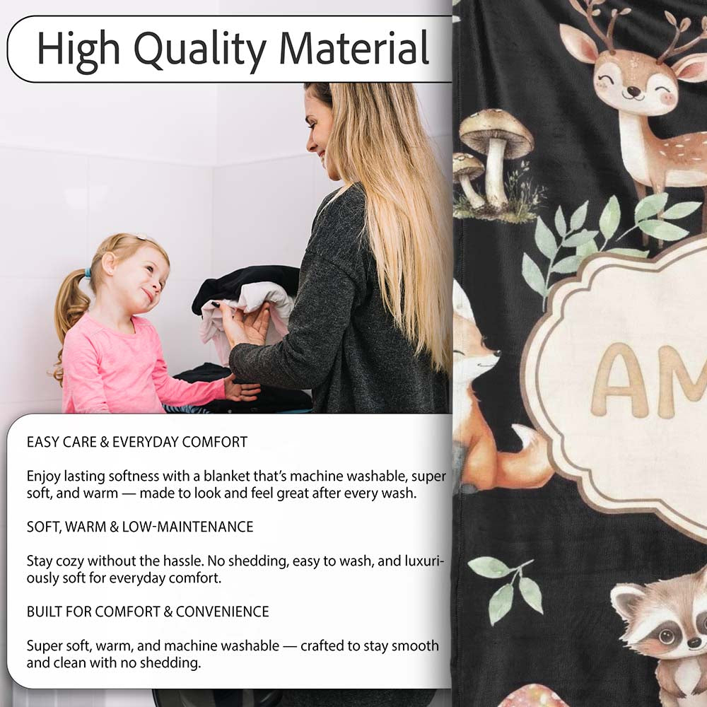 Woodland Deer Bear Fox Owl Raccoon Leaves Mushrooms Black Seamless Personalised Custom Name Super Soft Fleece Blanket Bed Sofa Throw