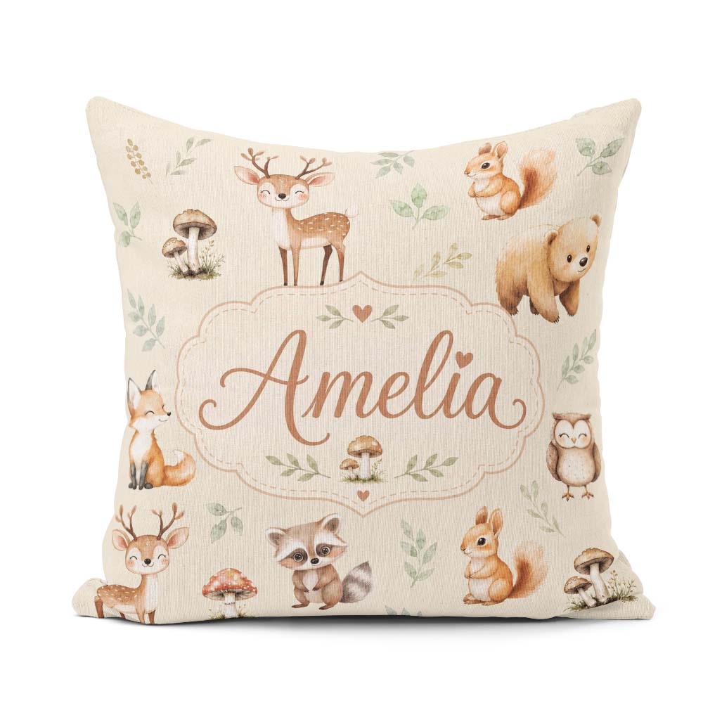Custom Name Woodland Deer Fox Owl Raccoon Leaves Mushrooms Cream Square Filled Cushion Throw Pillow Sofa Bed Home Decor Zip Washable UK Made
