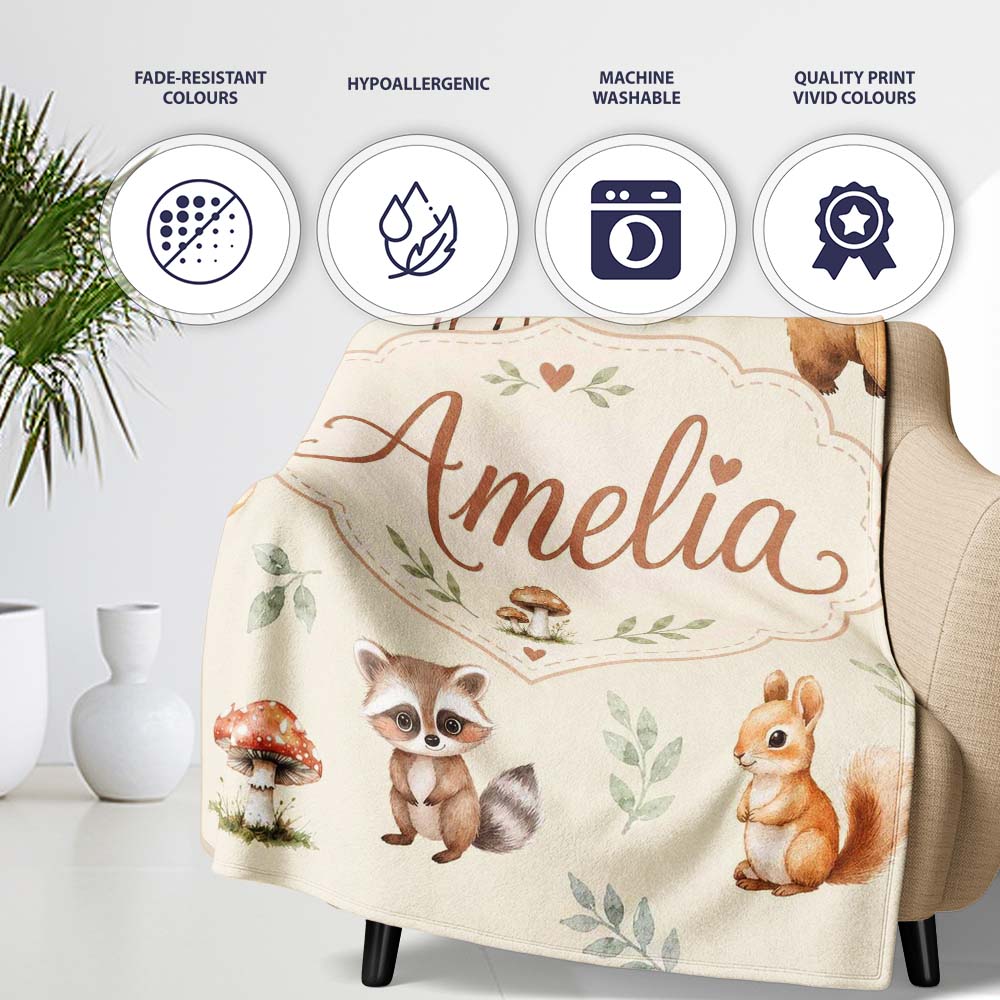 Woodland Deer Bear Fox Owl Raccoon Leaves Mushrooms Cream Seamless Personalised Custom Name Super Soft Fleece Blanket Bed Sofa Throw