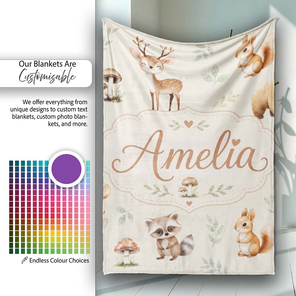 Woodland Deer Bear Fox Owl Raccoon Leaves Mushrooms Cream Seamless Personalised Custom Name Super Soft Fleece Blanket Bed Sofa Throw