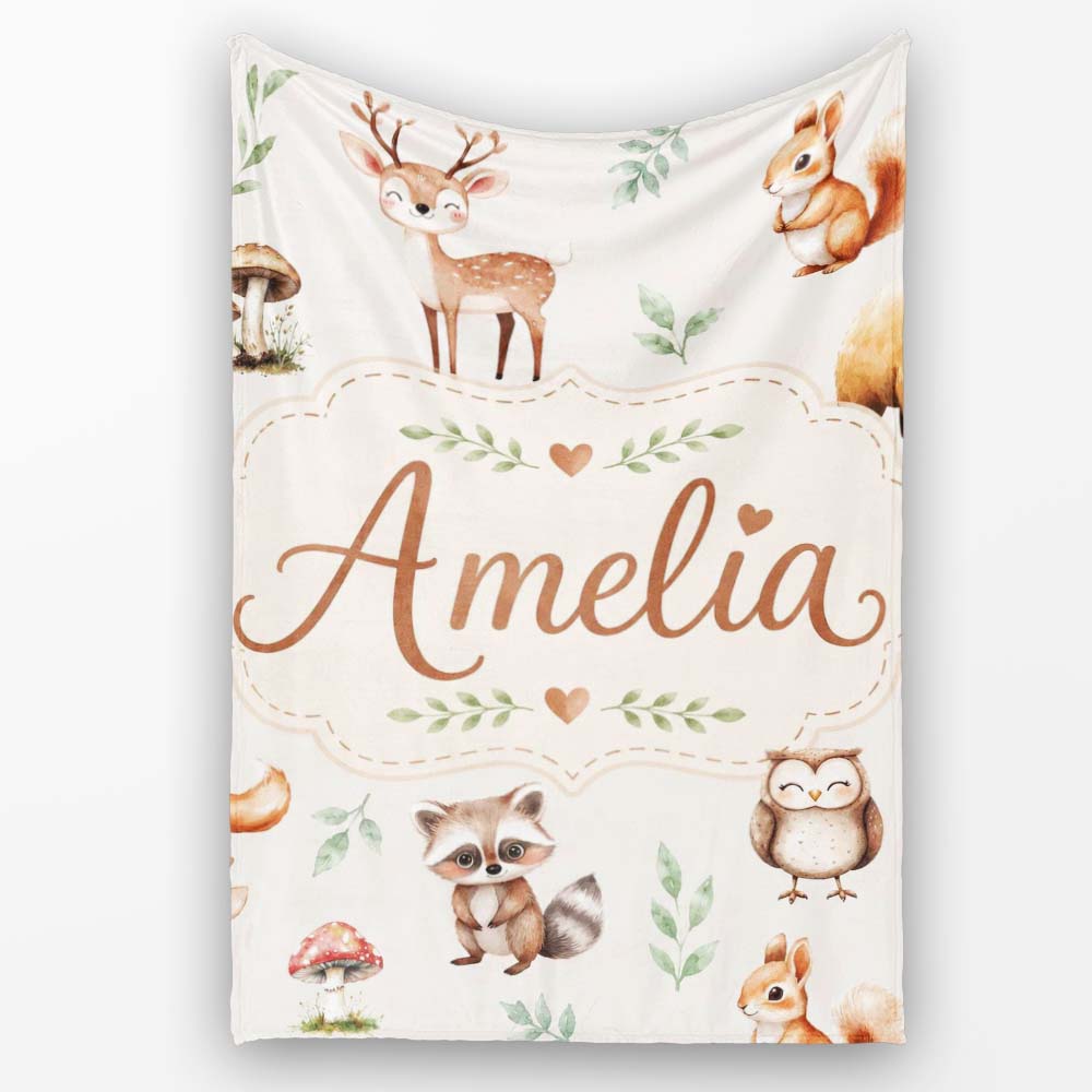 Woodland Deer Bear Fox Owl Raccoon Leaves Mushrooms Light Grey Personalised Custom Name Super Soft Fleece Blanket Bed Sofa Throw