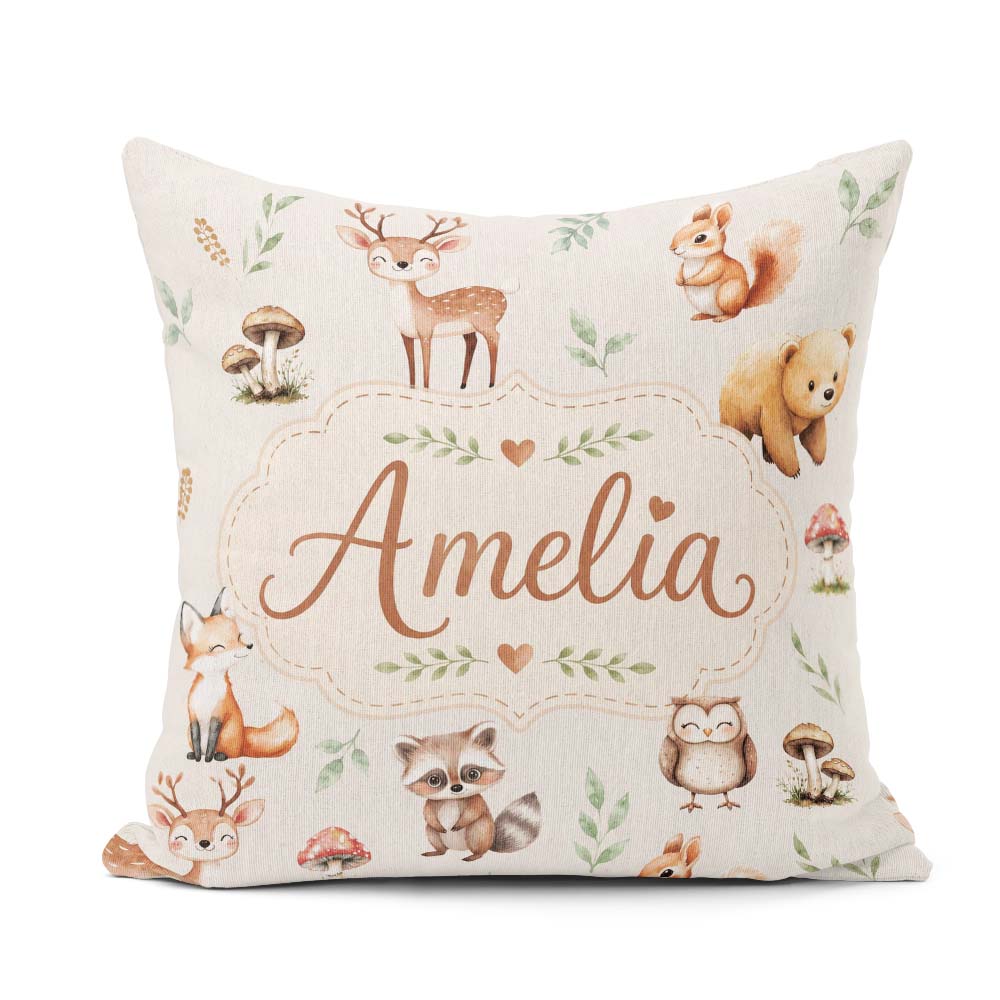 Custom Name Woodland Deer Bear Fox Owl Raccoon Leaves Light Grey Square Filled Cushion Throw Pillow Sofa Bed Home Decor Zip Washable UK Made