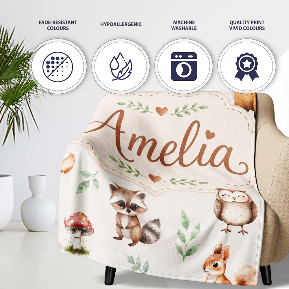 Woodland Deer Bear Fox Owl Raccoon Leaves Mushrooms Light Grey Personalised Custom Name Super Soft Fleece Blanket Bed Sofa Throw