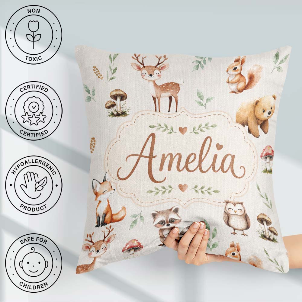 Custom Name Woodland Deer Bear Fox Owl Raccoon Leaves Light Grey Square Filled Cushion Throw Pillow Sofa Bed Home Decor Zip Washable UK Made
