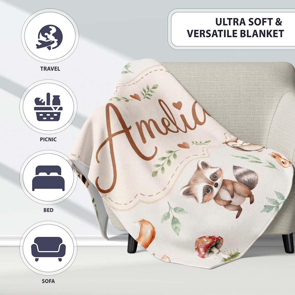 Woodland Deer Bear Fox Owl Raccoon Leaves Mushrooms Light Grey Personalised Custom Name Super Soft Fleece Blanket Bed Sofa Throw