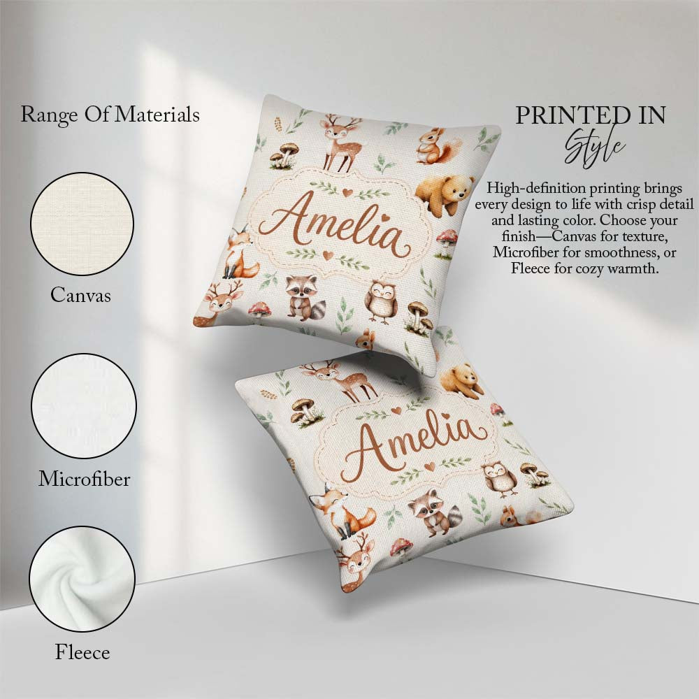 Custom Name Woodland Deer Bear Fox Owl Raccoon Leaves Light Grey Square Filled Cushion Throw Pillow Sofa Bed Home Decor Zip Washable UK Made