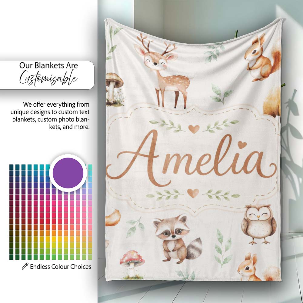 Woodland Deer Bear Fox Owl Raccoon Leaves Mushrooms Light Grey Personalised Custom Name Super Soft Fleece Blanket Bed Sofa Throw