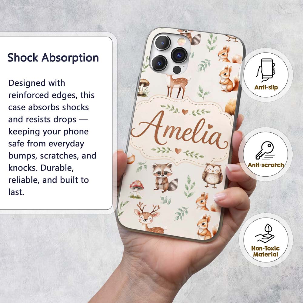 Woodland Deer Bear Fox Owl Raccoon Printed Design Custom Name Protective Phone Case Mobile Cover Durable Everyday Smartphone Shock Resistant