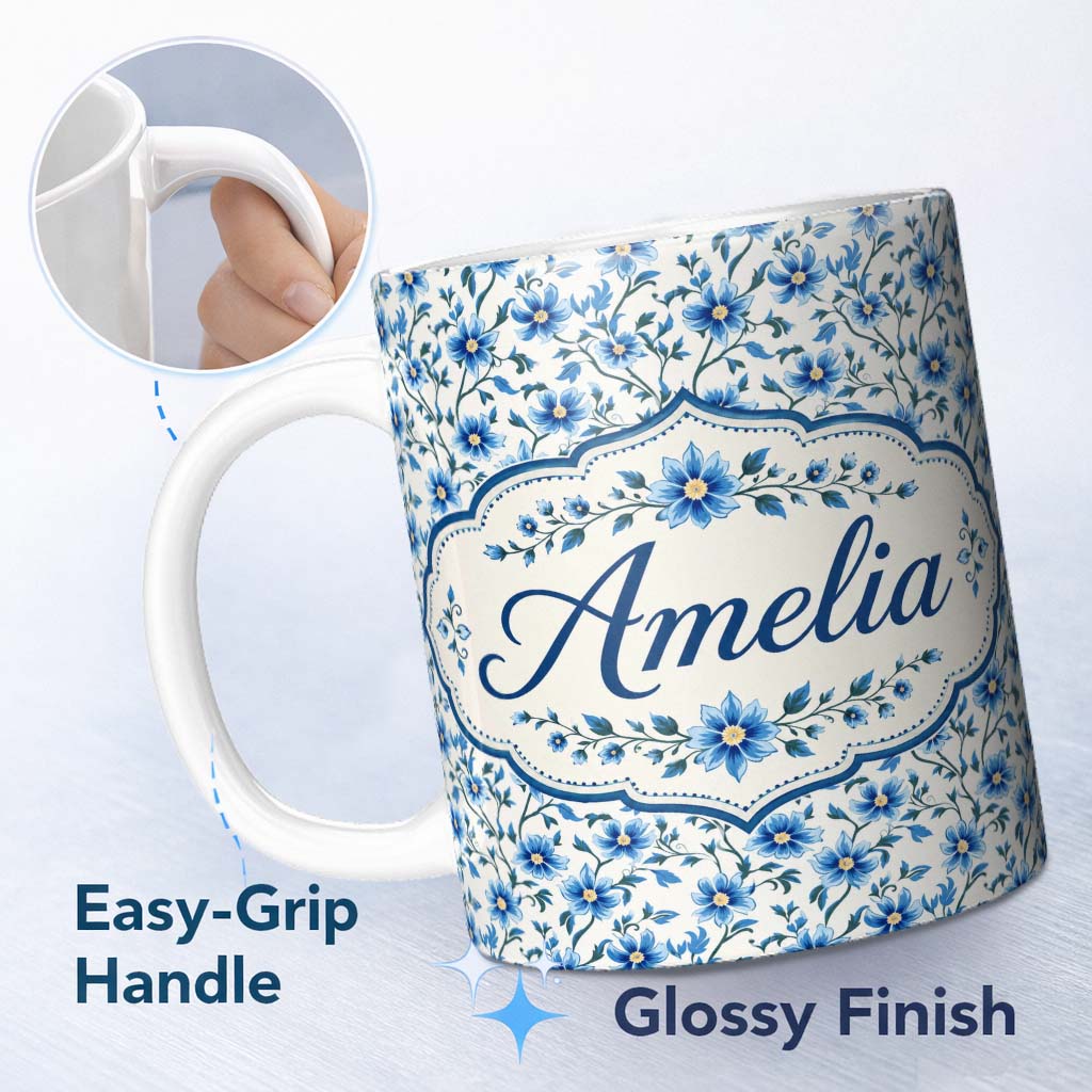 Personalized Custom Name Classic Blue Floral Vine Pattern on Light Background Vintage Style 11oz Ceramic Coffee Tea Mug White Large Handle