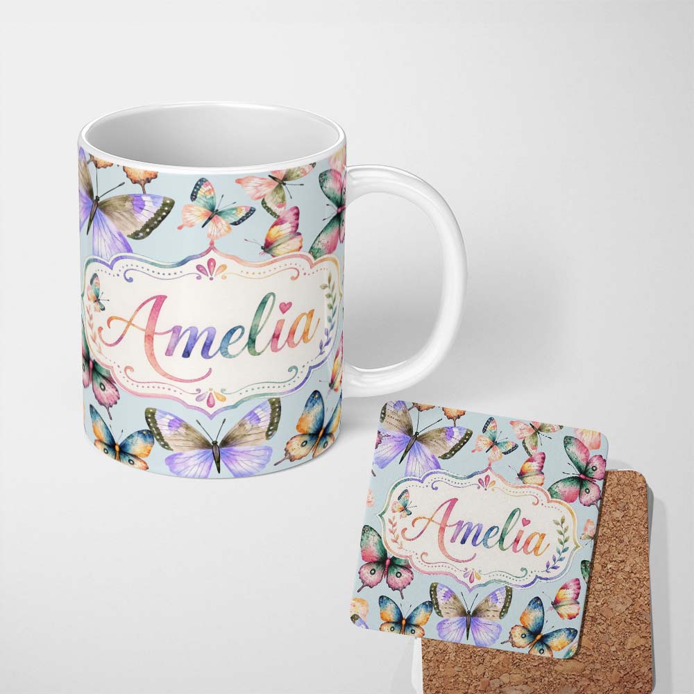 Personalized Custom Name Colorful Watercolor Butterflies on Sky Blue Background Seamless 11oz Ceramic Coffee Tea Mug White Large Handle