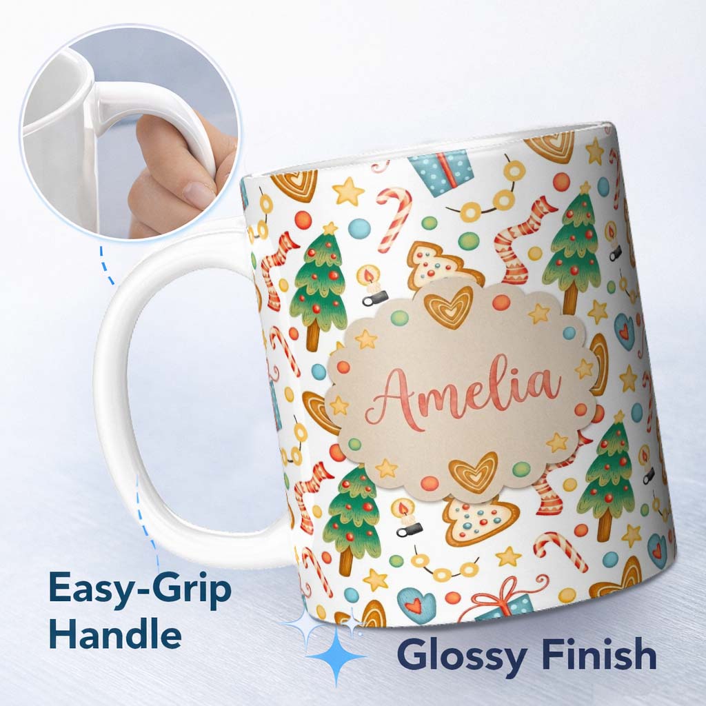 Personalized Custom Name Christmas Tree Candy Cane Cookies Stars Gift Festive Seamless Lovely 11oz Ceramic Coffee Tea Mug White Large Handle