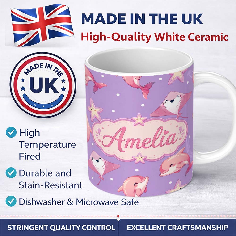 Personalized Custom Name Cute Pink Dolphins and Starfish Seamless Ocean Pattern Purple Lovely 11oz Ceramic Coffee Tea Mug White Large Handle