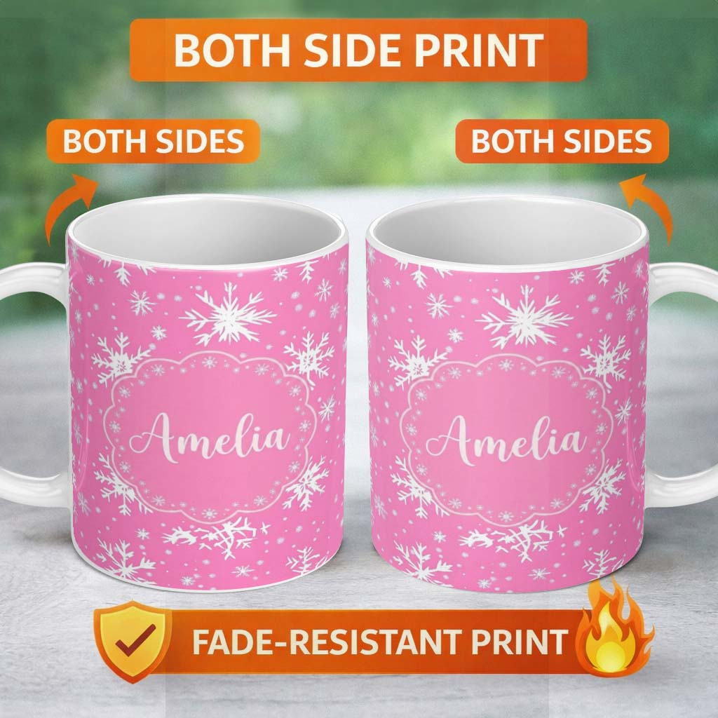 Personalized Custom Name Pink White Snowflake Winter Holiday Seamless Pattern Lovely 11oz Ceramic Coffee Tea Mug White Large Handle