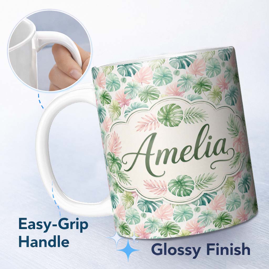 Personalized Custom Name Pastel Tropical Monstera Leaves in Soft Pink and Green Seamless 11oz Ceramic Coffee Tea Mug White Large Handle