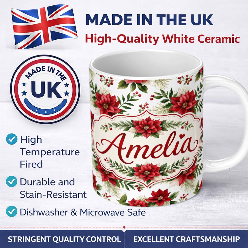 Personalized Custom Name Elegant Poinsettia Flowers Green Leaves Festive Seamless Pattern 11oz Ceramic Coffee Tea Mug White Large Handle