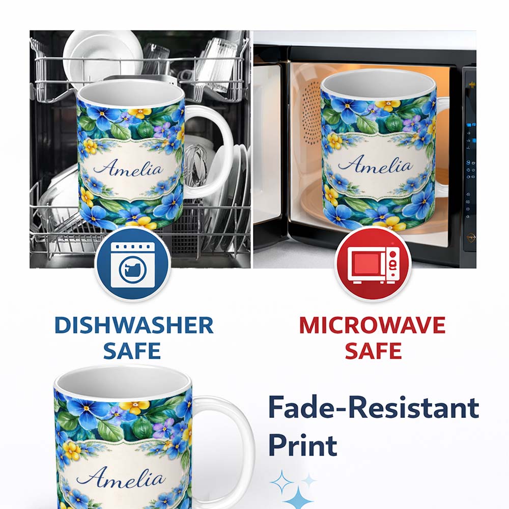 Personalized Custom Name Blue and Yellow Floral Watercolor Garden Seamless Pattern Lovely 11oz Ceramic Coffee Tea Mug White Large Handle