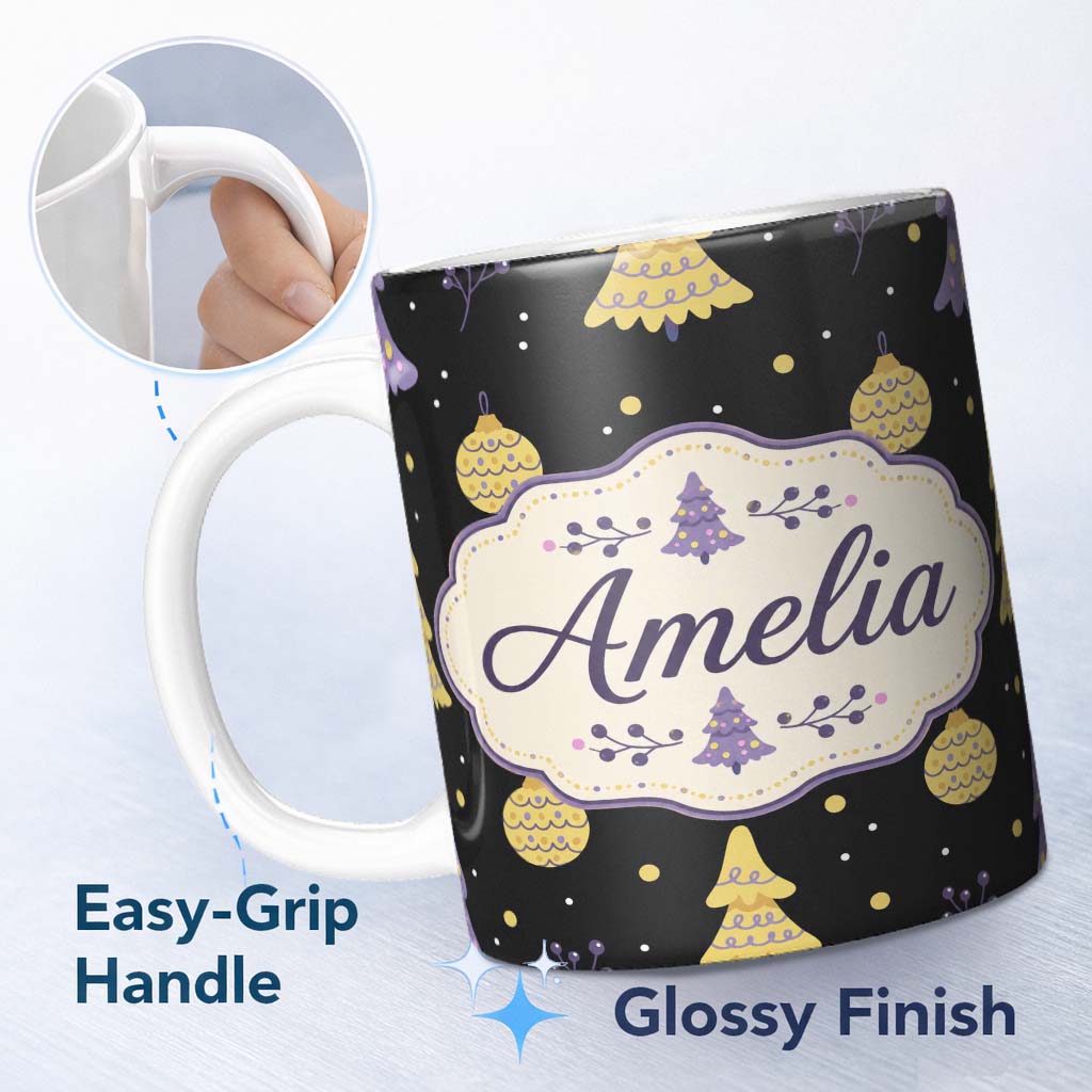 Personalized Custom Name Minimal Christmas Tree Ornaments Purple Black Seamless Pattern 11oz Ceramic Coffee Tea Mug White Large Handle