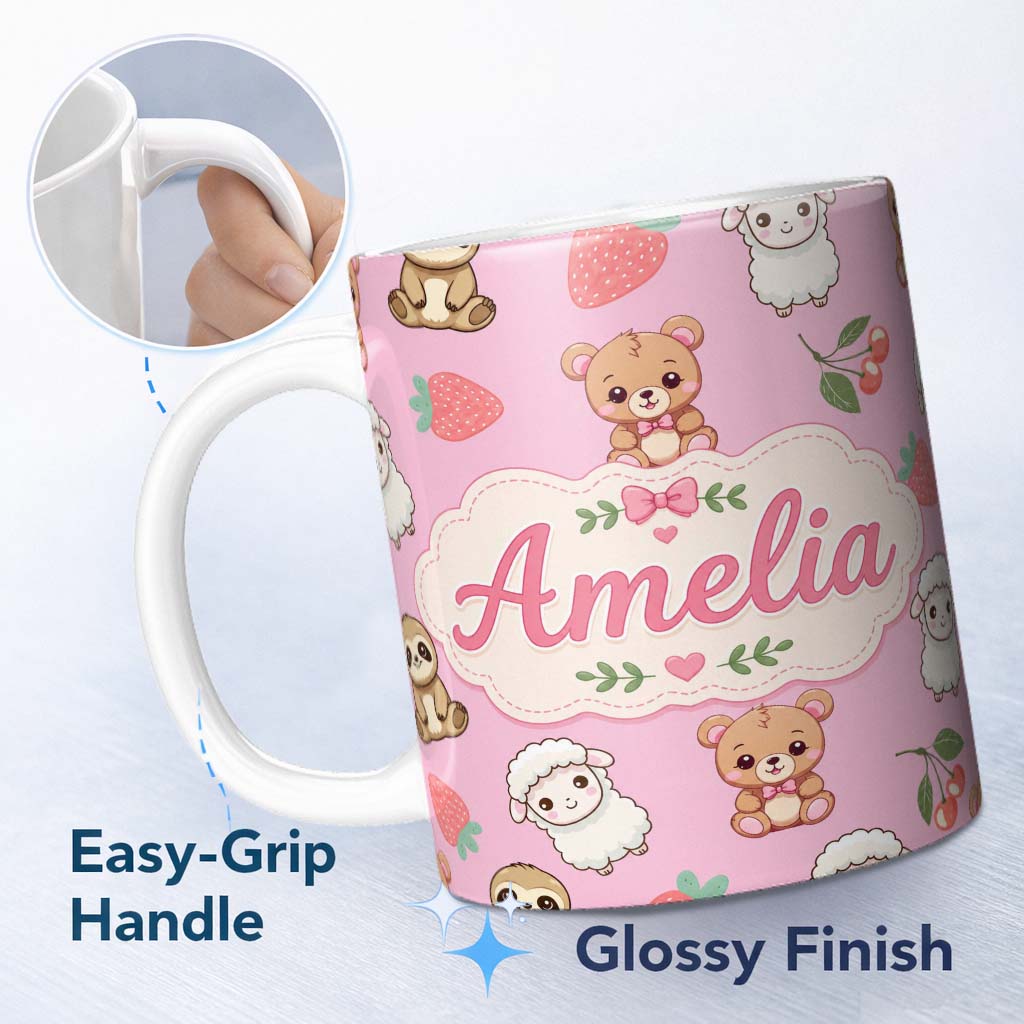 Personalized Custom Name Cute Bear Sloth Lamb Cherry Strawberry Seamless Pattern on Pink 11oz Ceramic Coffee Tea Mug White Large Handle