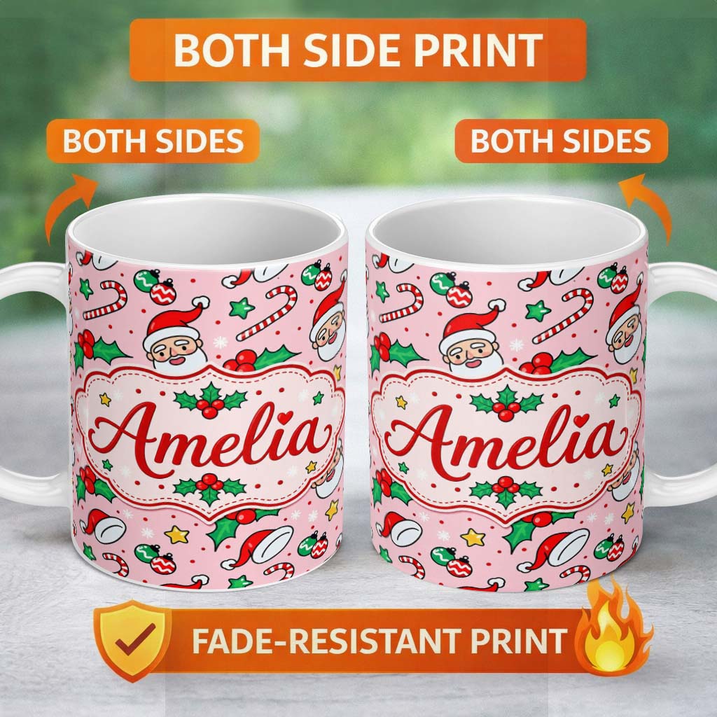 Personalized Custom Name Cute Santa Face Hats Candy Cane Pink Seamless Pattern Lovely 11oz Ceramic Coffee Tea Mug White Large Handle