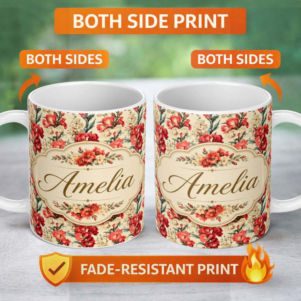 Personalized Custom Name Bold Red Floral Pattern with Cream Blossoms on Light Background 11oz Ceramic Coffee Tea Mug White Large Handle