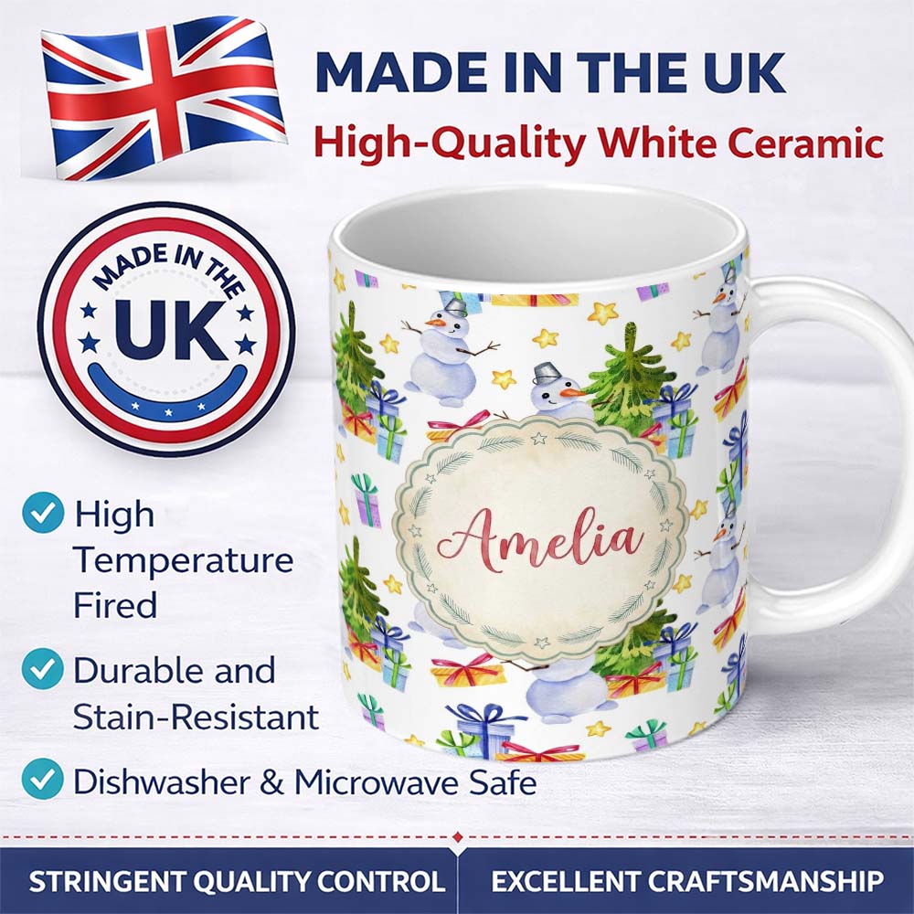 Personalized Custom Name Cute Watercolor Snowman Christmas Tree Gifts Stars Seamless Pattern 11oz Ceramic Coffee Tea Mug White Large Handle