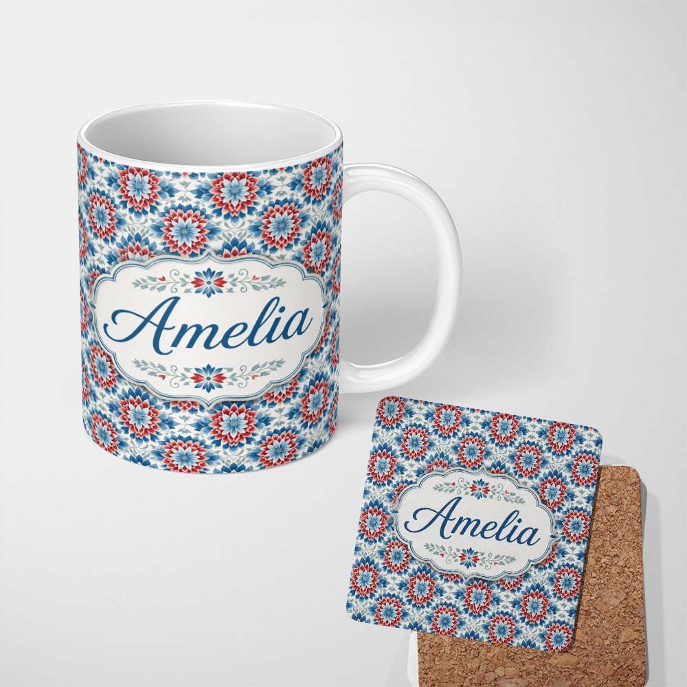 Personalized Custom Name Blue and Red Floral Mandala Tile Seamless Pattern Cute Unique Gift 11oz Ceramic Coffee Tea Mug White Large Handle