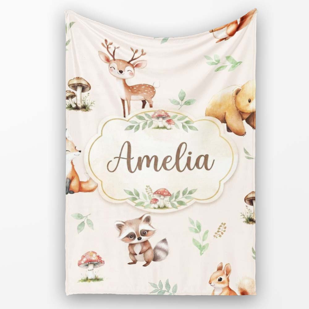 Woodland Deer Bear Fox Owl Raccoon Leaves Mushrooms Neutral Personalised Custom Name Super Soft Fleece Blanket Bed Sofa Throw