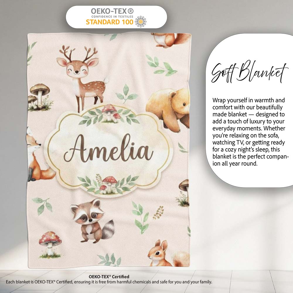 Woodland Deer Bear Fox Owl Raccoon Leaves Mushrooms Neutral Personalised Custom Name Super Soft Fleece Blanket Bed Sofa Throw