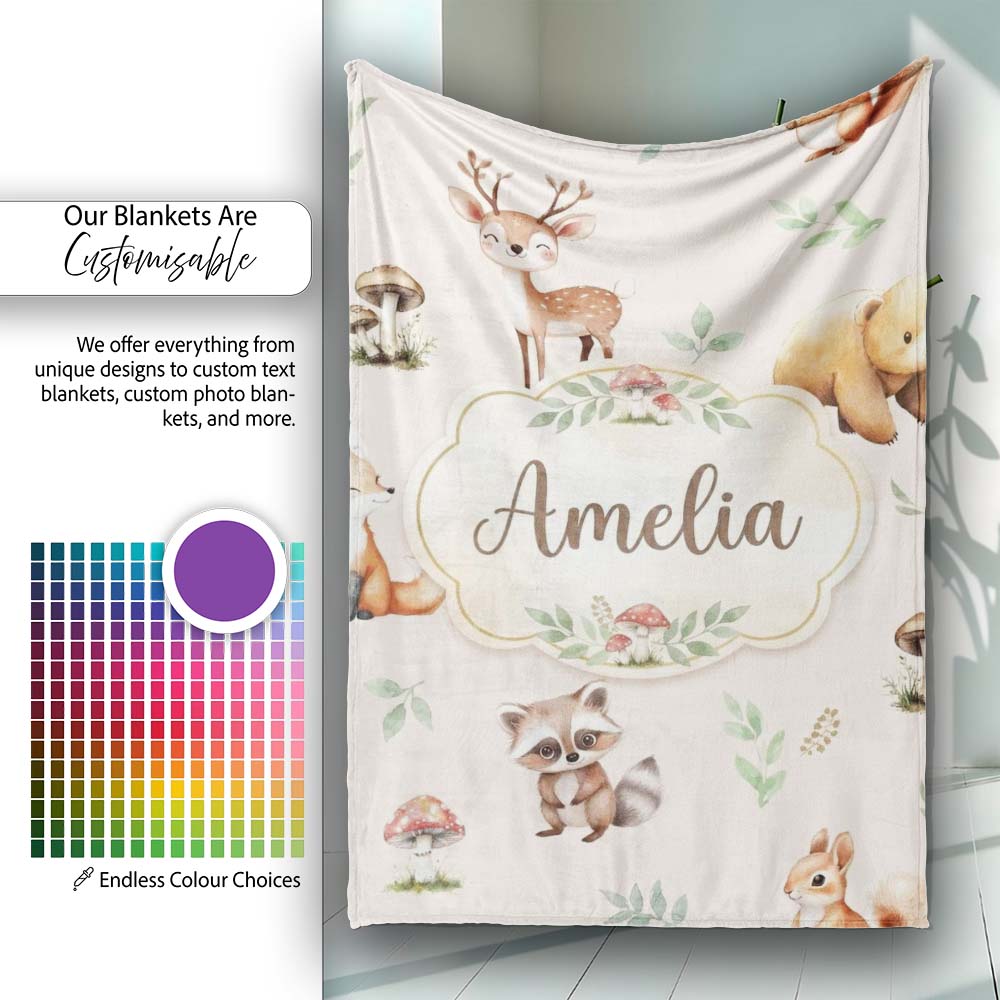 Woodland Deer Bear Fox Owl Raccoon Leaves Mushrooms Neutral Personalised Custom Name Super Soft Fleece Blanket Bed Sofa Throw
