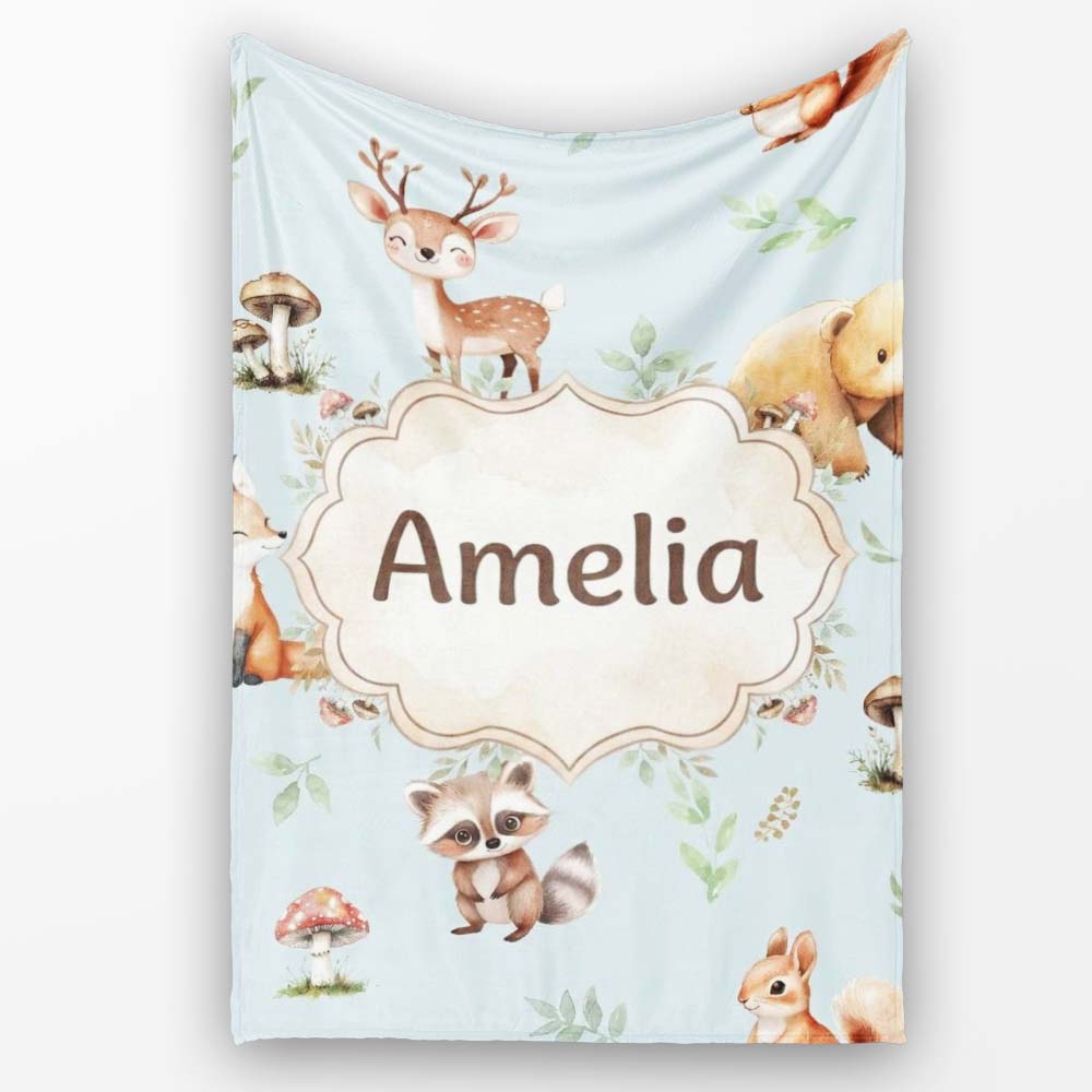 Woodland Deer Bear Fox Owl Raccoon Leaves Mushrooms Blue Seamless Personalised Custom Name Super Soft Fleece Blanket Bed Sofa Throw