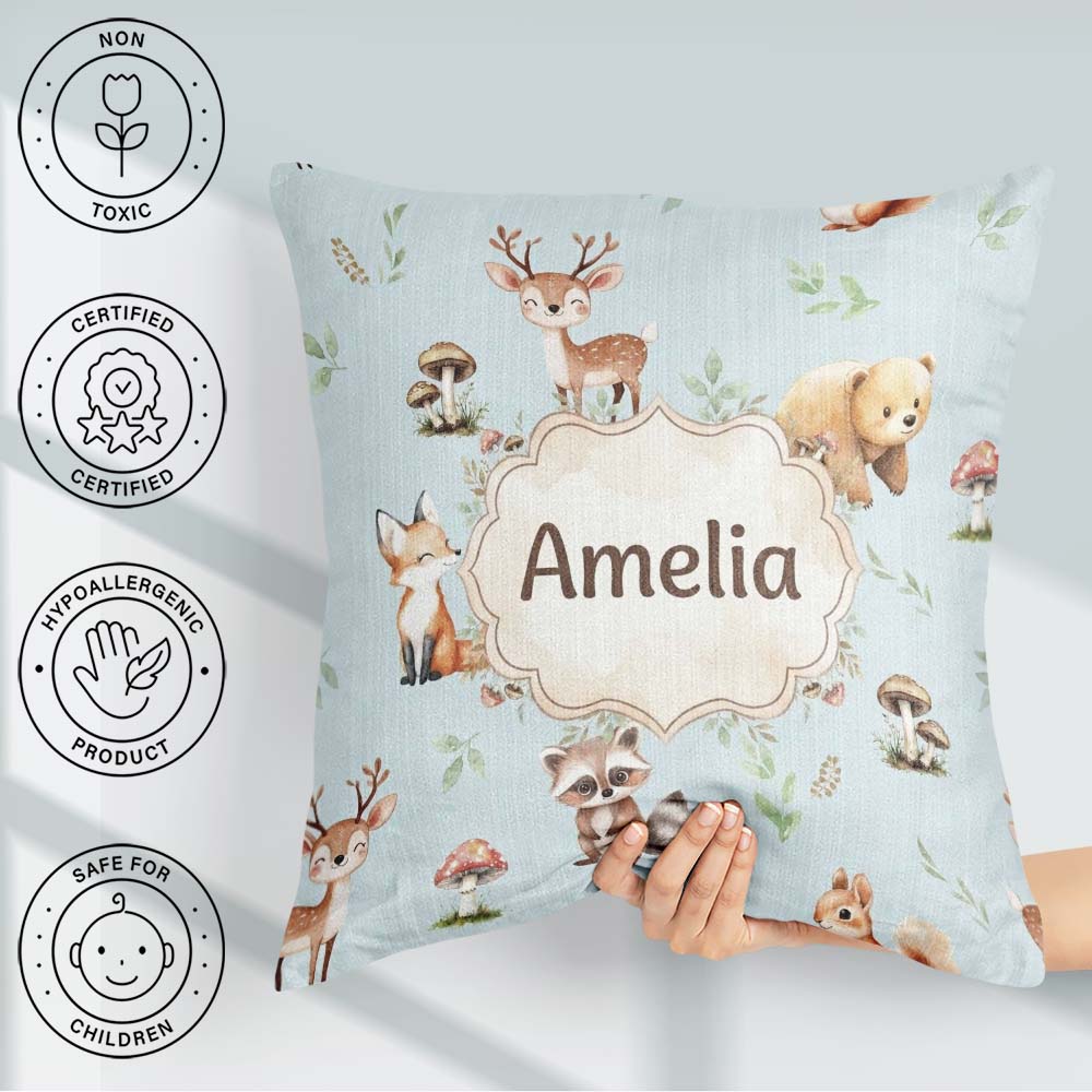 Custom Name Woodland Deer Bear Fox Raccoon Leaves Mushrooms Blue Square Filled Cushion Throw Pillow Sofa Bed Home Decor Zip Washable UK Made